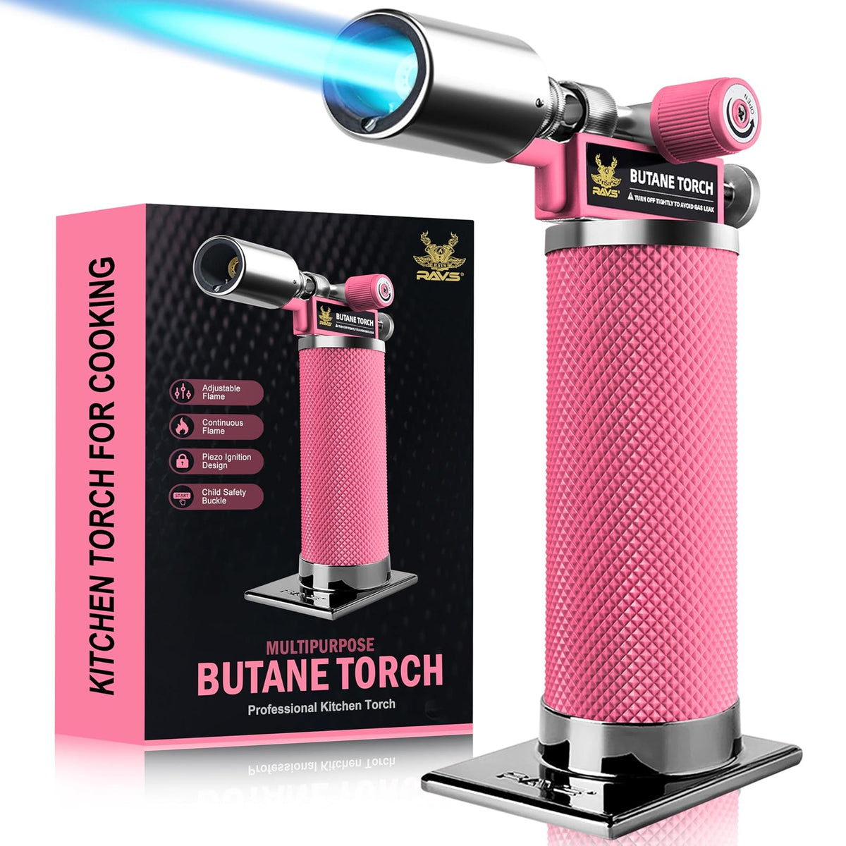RAVS - Antorcha de butano, antorcha de cocina para crema Brulee con llama ajustable, antorcha de cocina para hornear, barbacoa, postres, mini antorcha de metal con hebilla de seguridad, rosa (butano