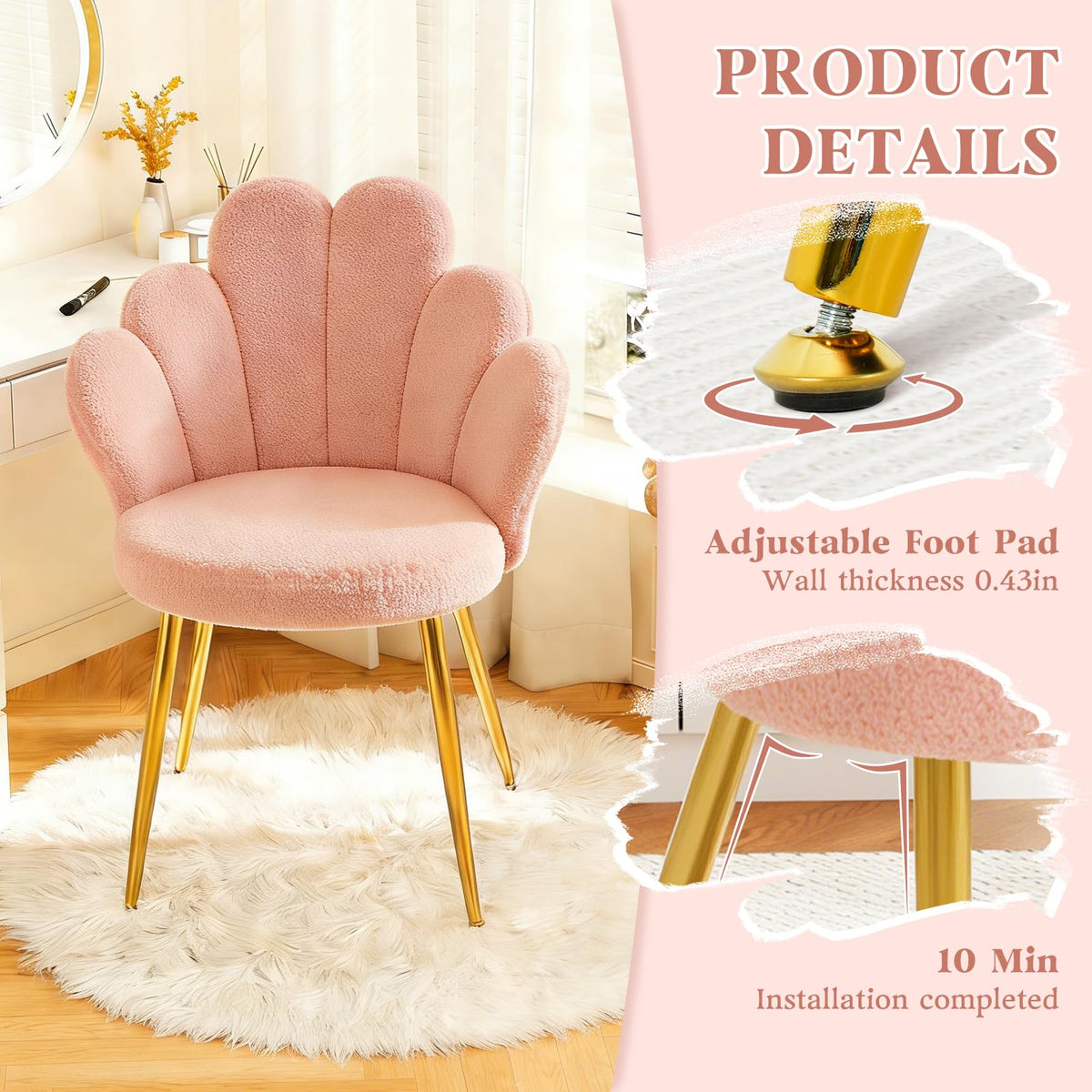 WAYTRIM - Silla de Cambiador Rosa con Respaldo para Maquillaje, Asiento de Cambiador, Silla de computadora para niñas con Patas Doradas adecuadas, Silla de diseño de pétalos de Flores para recámara