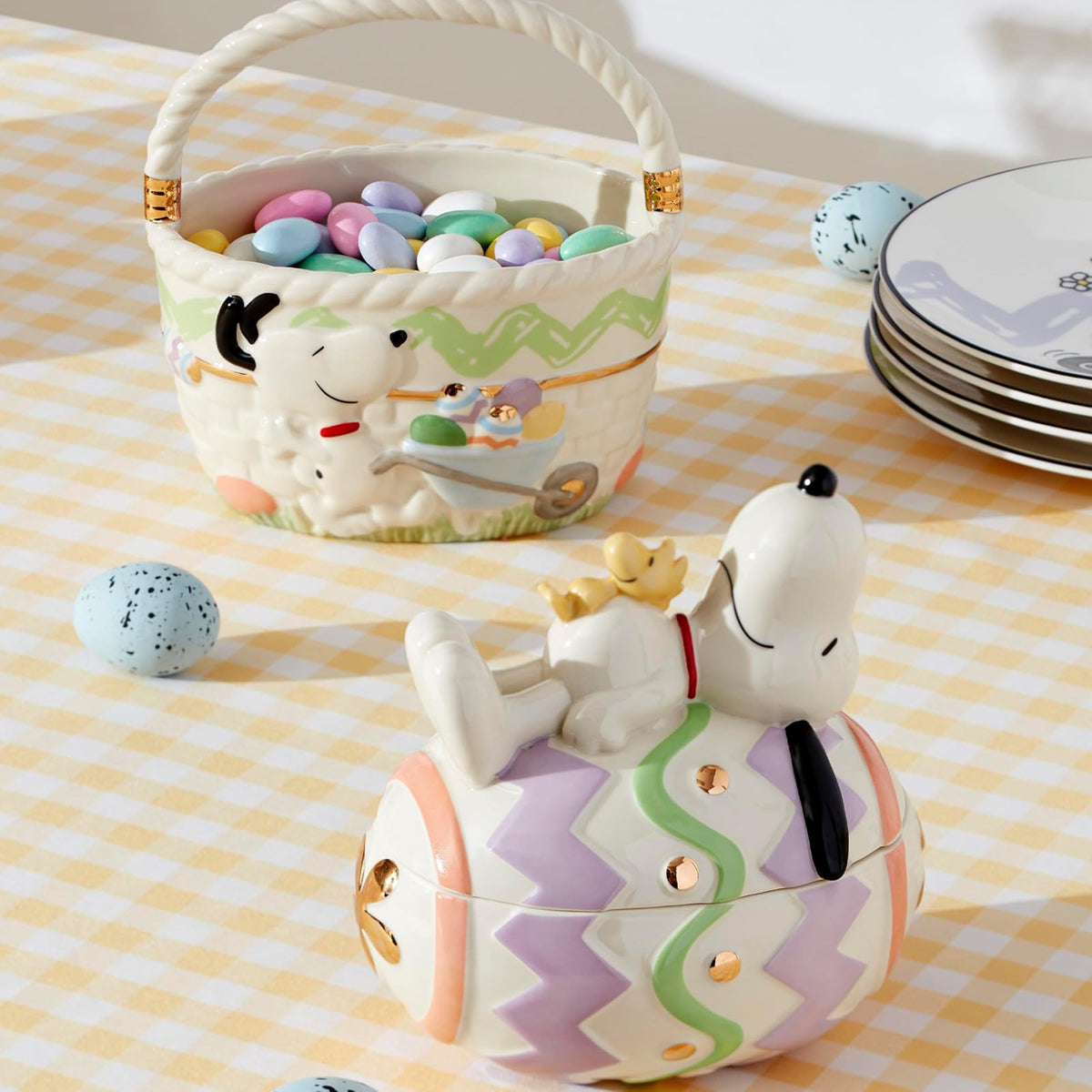 Lenox Peanuts Dulcera Snoopy y Woodstock Pascua Porcelana Huevo Oro 24K Primavera