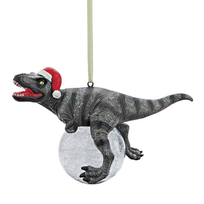 Design Toscano Blitzer The T Rex - Adorno para árbol de Navidad, 5 Pulgadas de Largo, Resina de Piedra fundida con Bola de Vidrio, Acabado Verde con Purpurina