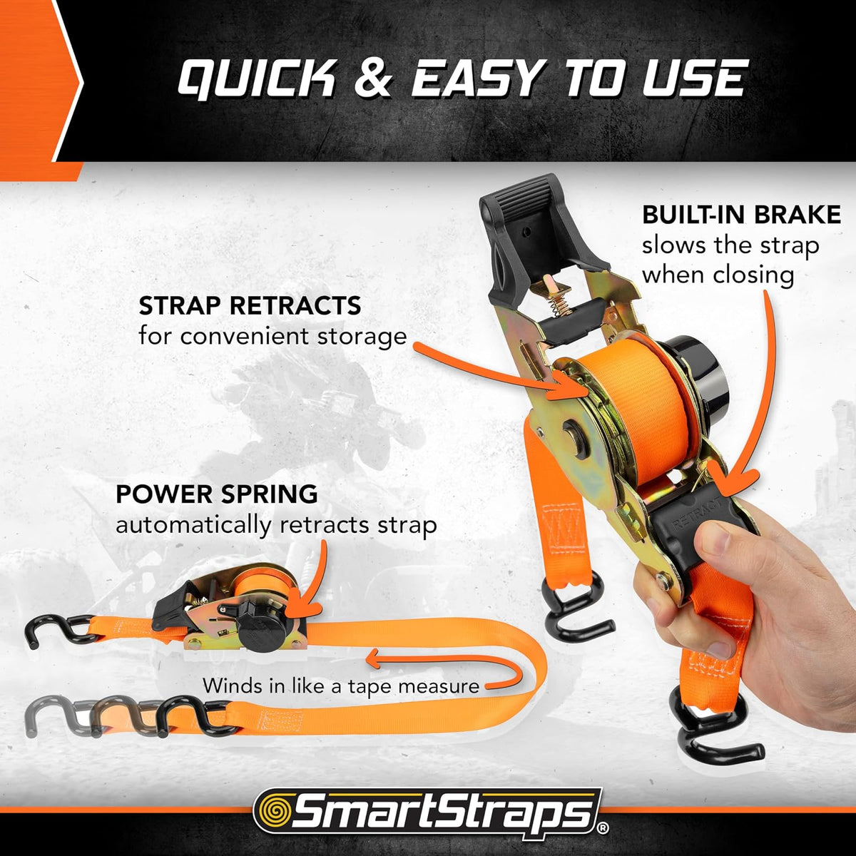 SMARTSTRAPS Correas de carraca retráctiles de 10 pies, Paquete de 2 – Resistencia a la Rotura de 3 Libras, Carga de Trabajo Segura de 1 Libra, Transporte de Motocicletas, Barcos y electrodomésticos