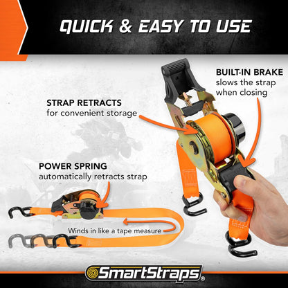 SMARTSTRAPS Correas de carraca retráctiles de 10 pies, Paquete de 2 – Resistencia a la Rotura de 3 Libras, Carga de Trabajo Segura de 1 Libra, Transporte de Motocicletas, Barcos y electrodomésticos