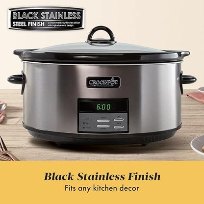 Crock-Pot - Olla de cocción lenta programable grande de 8 cuartos con ajuste automático de calor, acero inoxidable negro