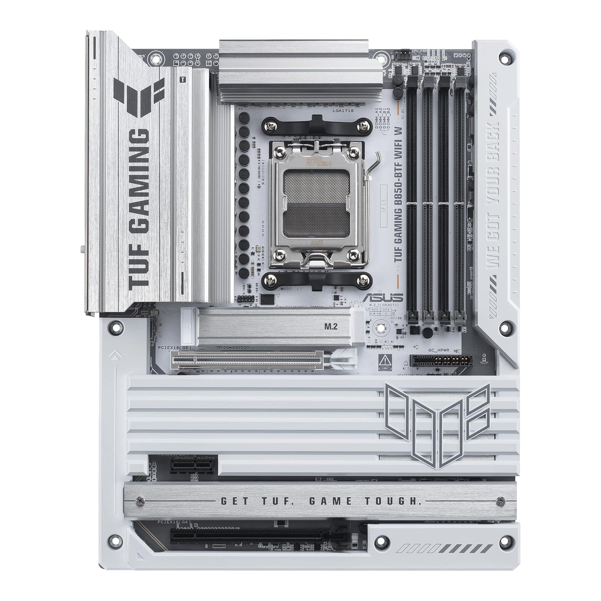 ASUS TUF Gaming B850-BTF WiFi W Tarjeta Madre AMD Blanca para Gaming | AM5, ATX, AMD B850, DDR5, PCIe 5.0 x16, 3 M.2, WiFi 7, LAN 2.5Gb, USB-C 20Gbps, diseño BTF blanco, Aura Sync
