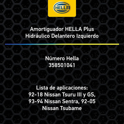 Amortiguador HELLA Plus Hidráulico Delantero Izquierdo para 92-18 Nissan Tsuru III y GS y otros más. Número HELLA 358501041 (1 pieza)