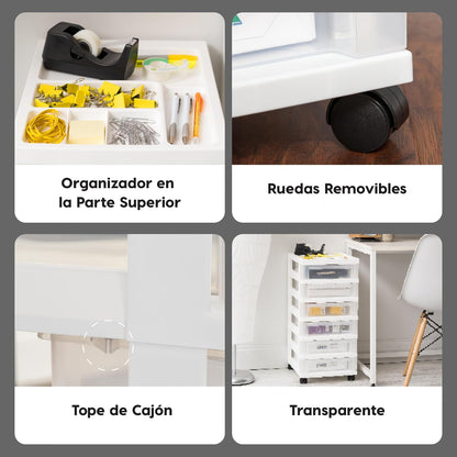IRIS USA Carrito Organizador con Ruedas de 6 Cajones, Blanco/Transparente | Organiza manualidades, artículos de oficina, salón y accesorios con cajones de fácil acceso para uso diario