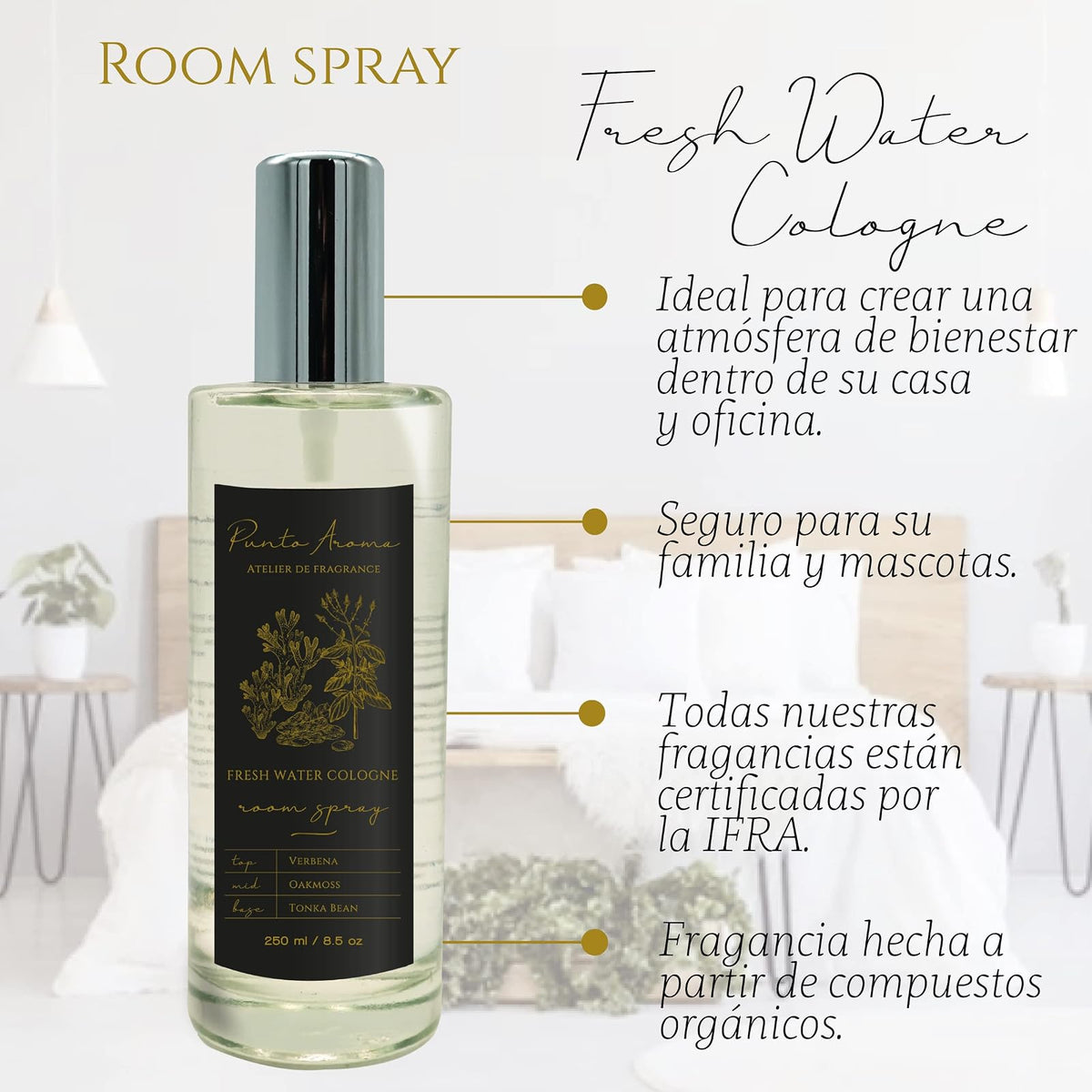 Punto Aroma - Home Mist 250ml - Ambientador de Fragancia Premium - Air Freshener - Spray aromatizante con atomizador - Ideal para casa, automóvil, oficina, carro, baño (Fresh Water Cologne)
