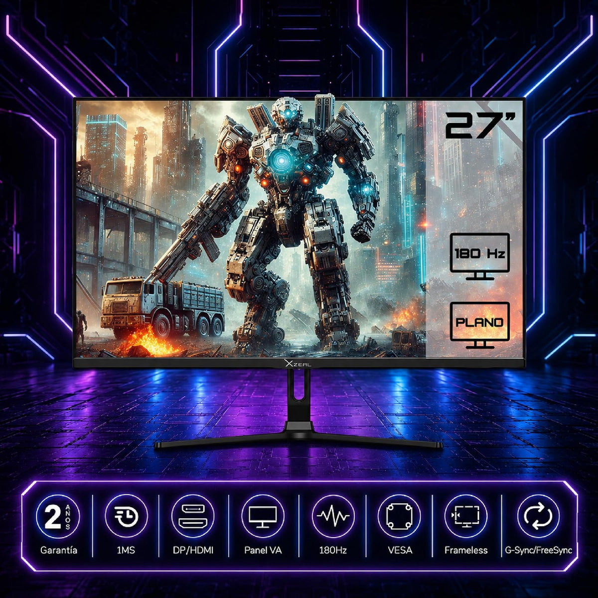 Xzeal Monitor 27" Xzeal XZ4010-2 Panel Curvo VA FHD 180Hz 1ms 1xDP + 1xHDMI + Vesa 100x100mm Negro