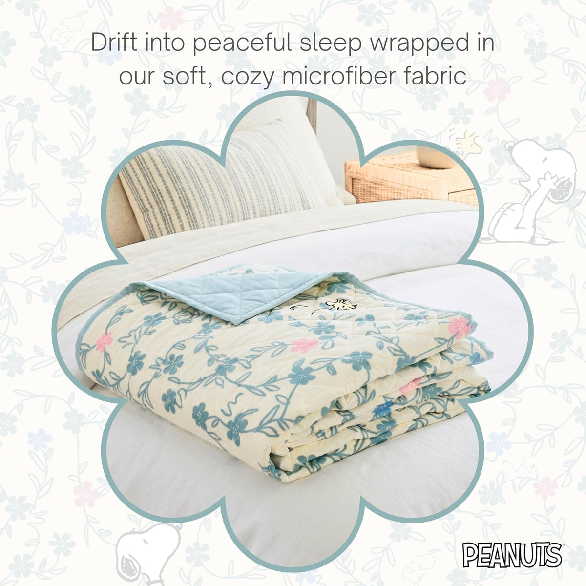 Peanuts Snoopy - Juego de Colcha tamaño matrimonial/Queen, Colcha Ligera para Todas Las Estaciones con Estampado Floral de Primavera y Funda, Ropa de Cama súper Suave de 3 Piezas (Producto