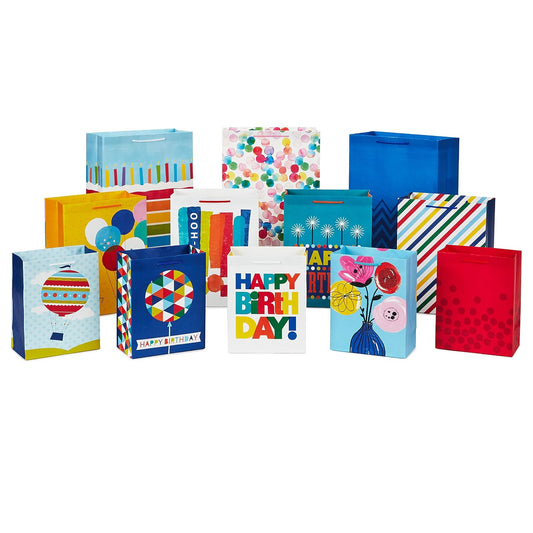 Hallmark Bolsas de regalo en varios tamaños (paquete de 12 a 5 medianas, 8 pulgadas, 4 grandes 11 pulgadas, 3 extra grandes 14 pulgadas) para cumpleaños, día de la madre, graduaciones, baby showers