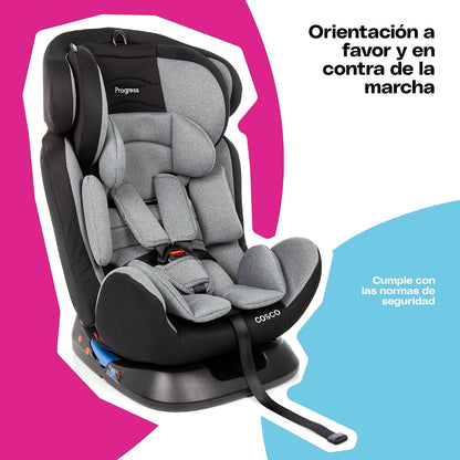 Cosco Autoasiento Progress con arnés de 5 puntos, protectores de hombro y entrepierna. Protección contra impacto lateral. Para orientación en contra y a favor de la marcha, ajustable en 9 posiciones y 2 de reclinación