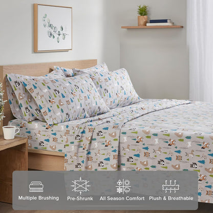 Comfort Spaces - Sábanas de Franela de algodón Transpirable y cálidas, con Bolsillo Profundo con Funda de Almohada, tamaño King, Varios Animales forestales, 4 Piezas