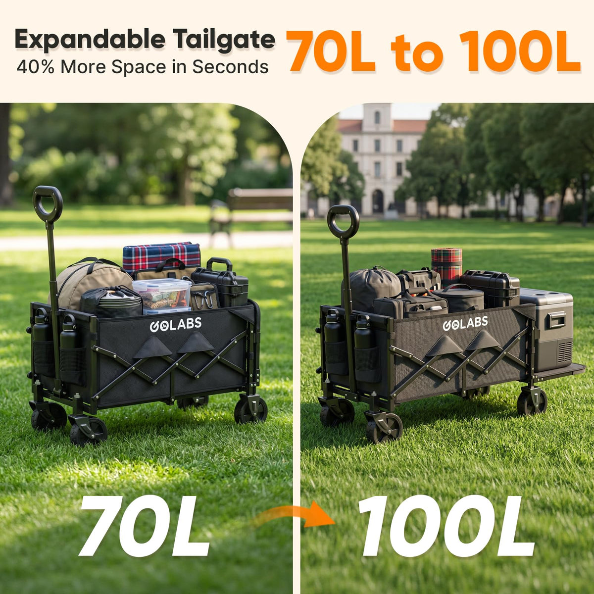 Golabs Carro Plegable de Carro de Carga máxima de 350 Libras y Almacenamiento expandible de 100 l, diseño de Doble rodamiento para dirección Flexible, Carrito de jardín Plegable Resistente con 2