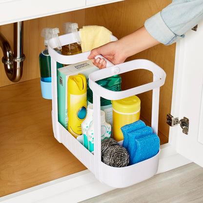 YouCopia SinkSuite - Cesta de limpieza para debajo del fregadero, organizador de suministros de limpieza ajustable de 2 niveles para cocina y baño, organización y almacenamiento