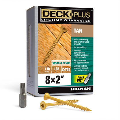 Deck Plus 48413 - Tornillos de madera y valla exteriores con revestimiento de epoxi #8 x 2 Torx/Star incluye rosca gruesa, tornillo de cubierta resistente a la corrosión, color bronceado, caja de 1