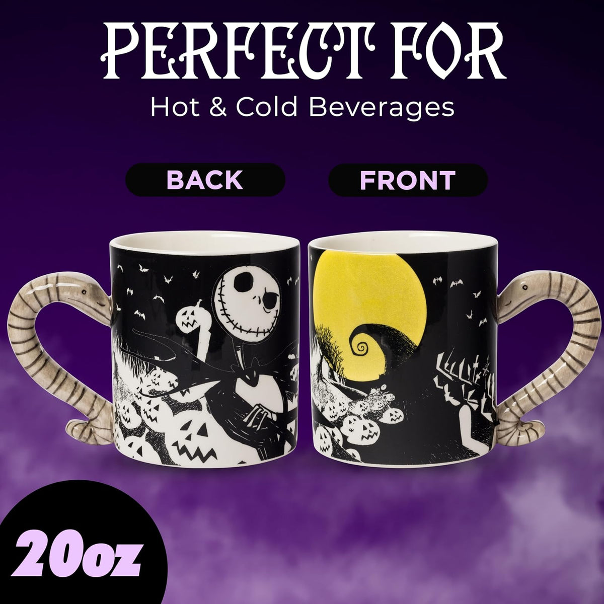 Silver Buffalo Nightmare Before Christmas Moonlight - Taza de cerámica con mango esculpido, 20 onzas, negro y blanco