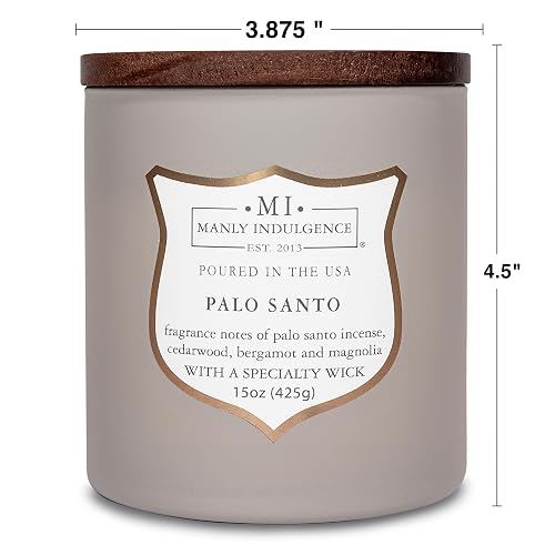 Manly Indulgence - Velas perfumadas de Palo Santo para hombres, mecha de madera de 15 onzas, cera de mezcla de soja premium, quemaduras de 60 horas, velas perfumadas para el hogar, fabricadas en los