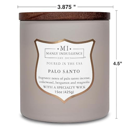 Manly Indulgence - Velas perfumadas de Palo Santo para hombres, mecha de madera de 15 onzas, cera de mezcla de soja premium, quemaduras de 60 horas, velas perfumadas para el hogar, fabricadas en los