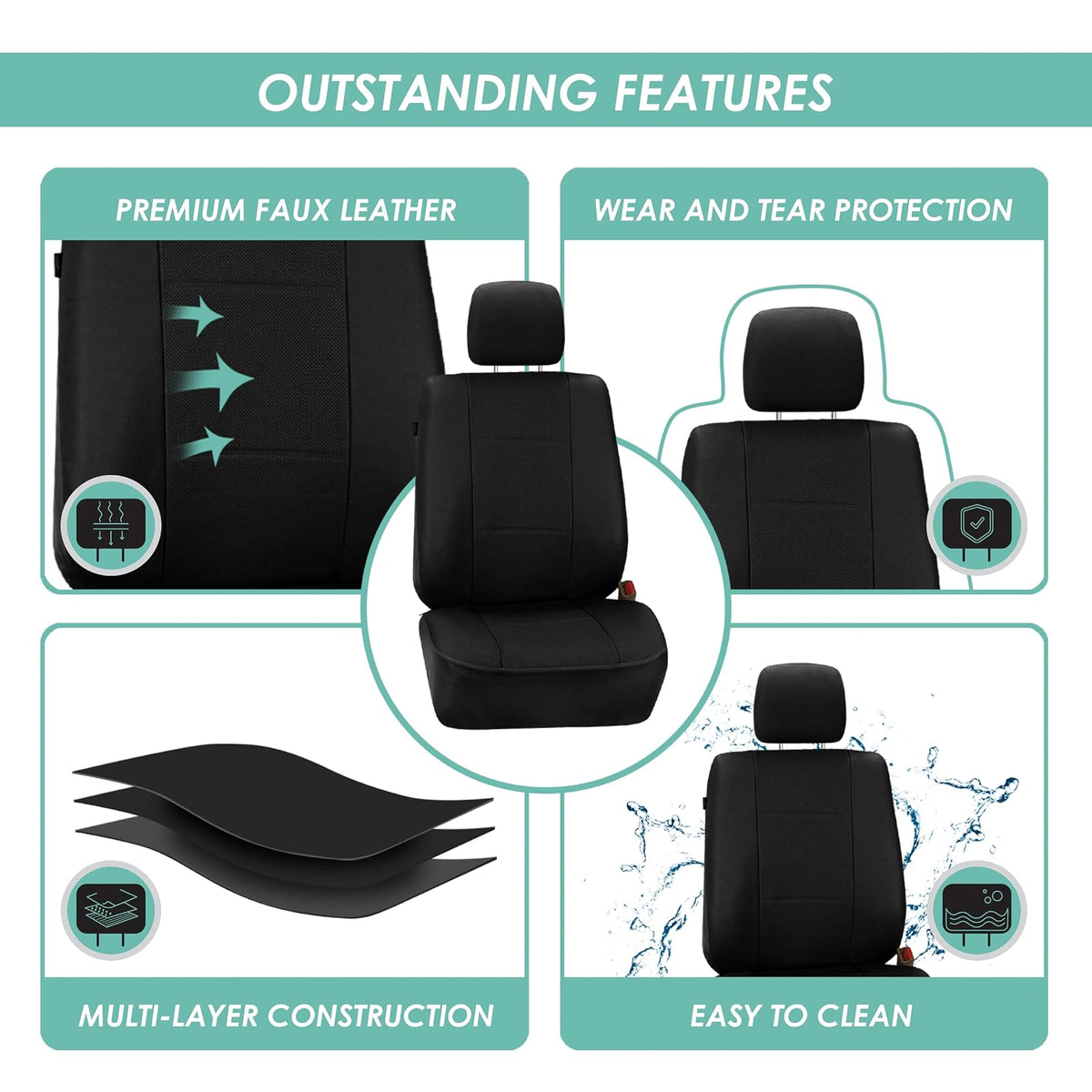 FH GROUP Universal Fit Full Set Deluxe Seat Cover - Leatherette (Black) (Airbag Compatible and Rear Split, Fit Most Car, Truck, SUV, or Van, FH-PU007115)