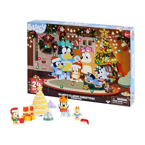 Bluey Calendario de Adviento 2026, 24 días de sorpresas, mini árbol | Incluye 3 mini cifras, 16 accesorios de día festivo, 5 pegatinas, además de Bartlebee, Blue y Bingo en suéteres de Navidad