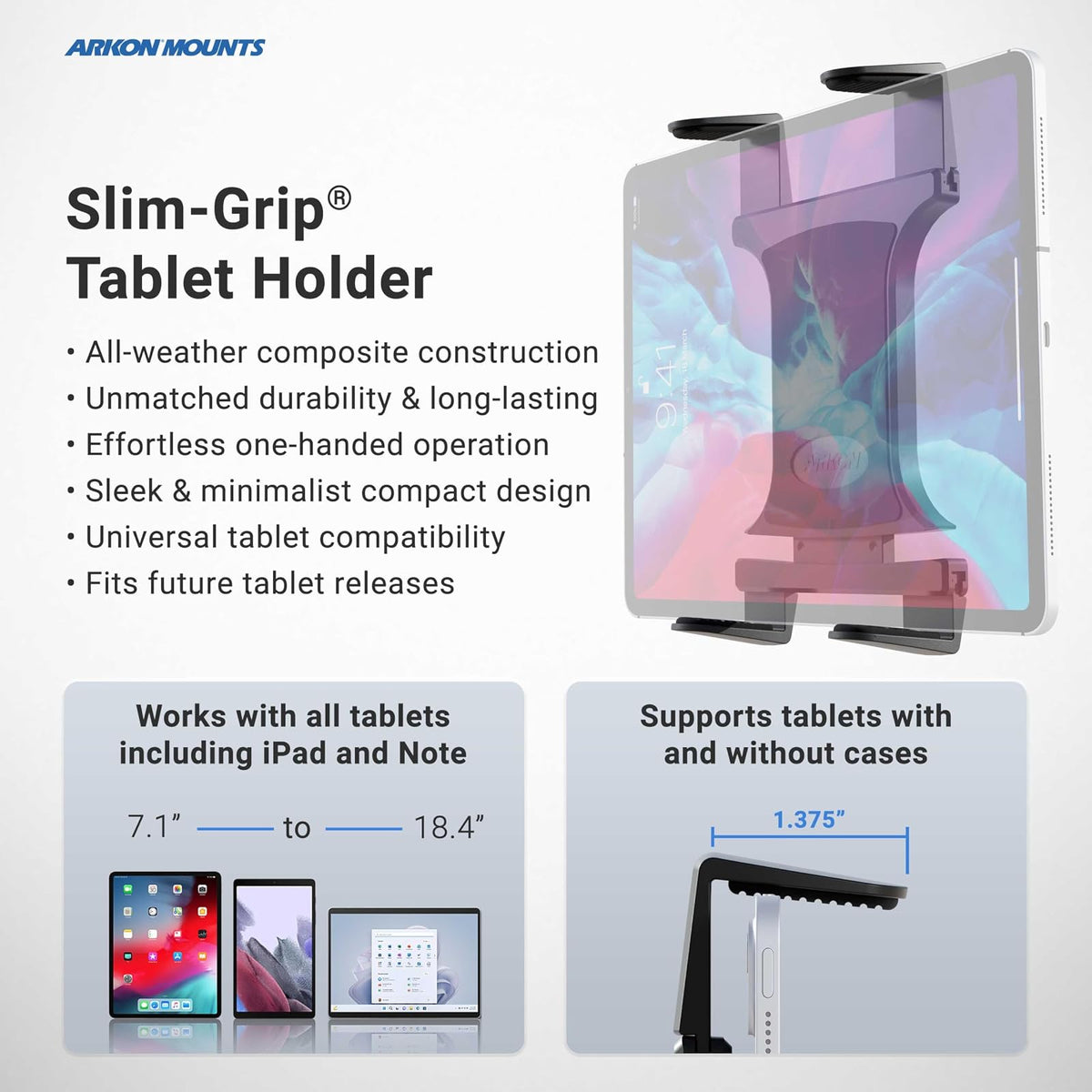 ARKON Mounts - Soporte para tablet de automóvil | Soporte giratorio de 360 grados | Construcción compuesta para todo tipo de clima | Agarre ajustable para ajuste personalizado | Compatible con tabletas de