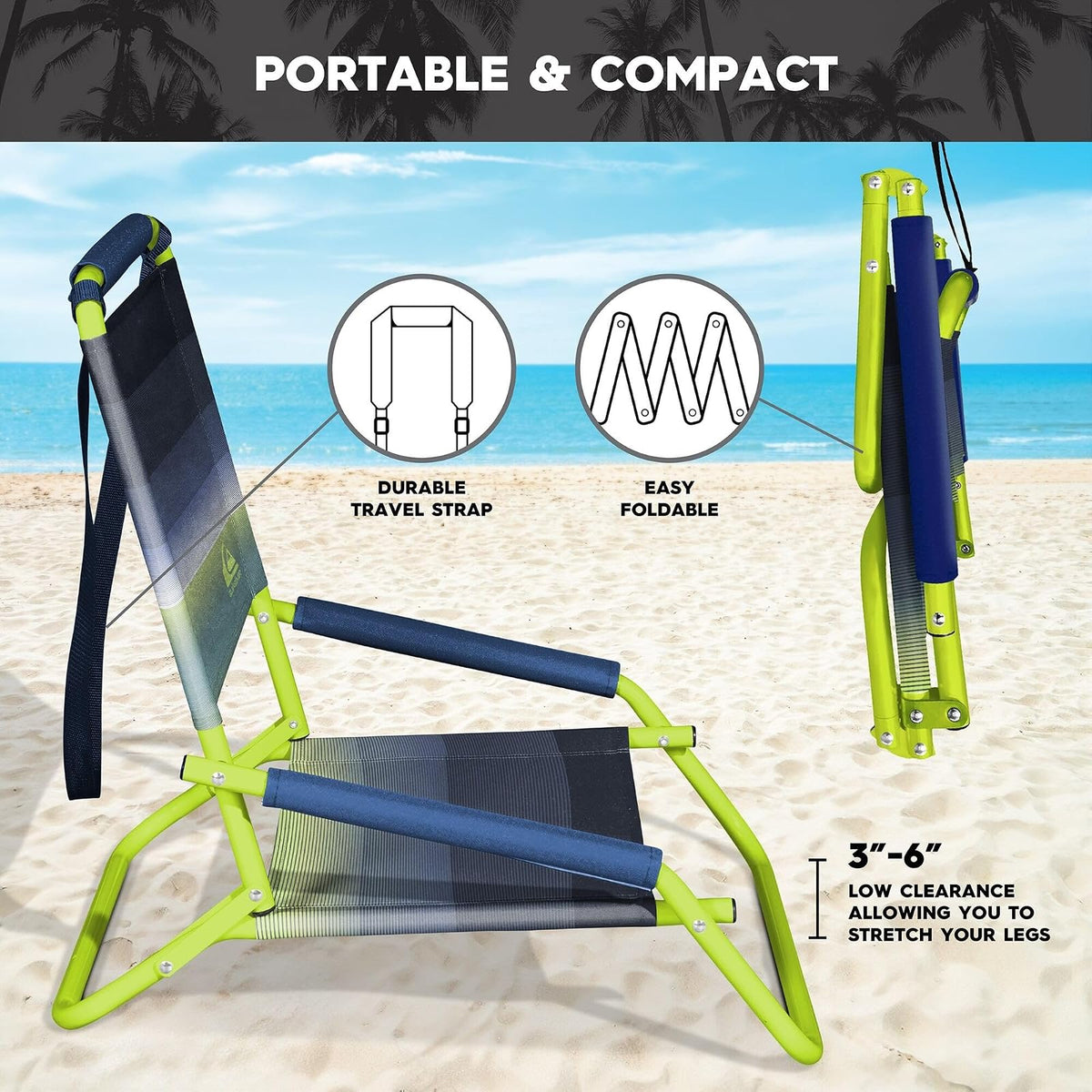 Mirabellini Quiksilver Silla de Playa Baja Plegable | Ligera, portátil, con correa de transporte, para playa, patio, camping, eventos