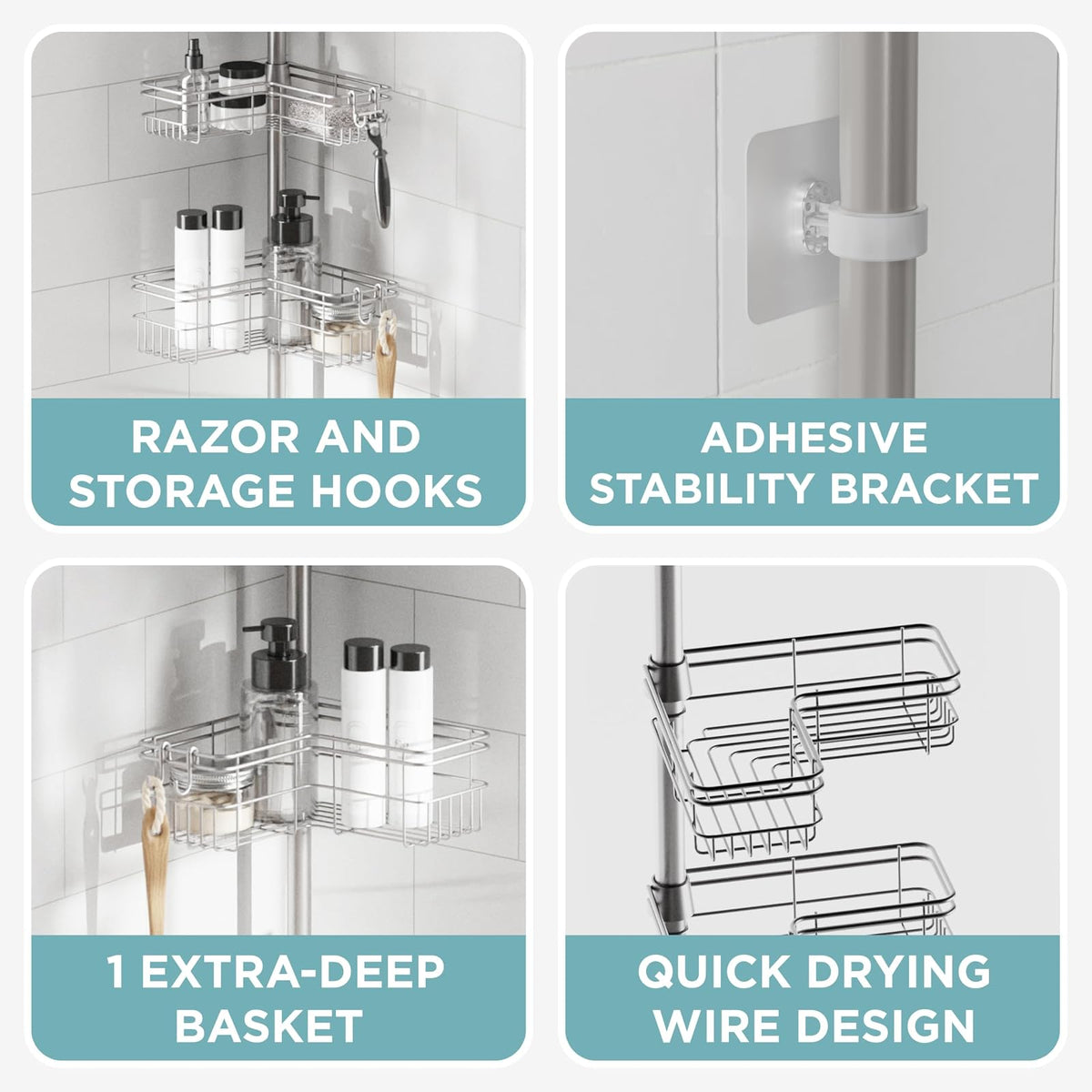 Zenna Home - Organizador de esquina para ducha con poste de tensión, organizador ajustable para ducha de pie con 4 cestas y ganchos en forma de L, organizador de barra de tensión para baño, resistente