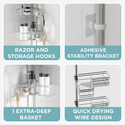 Zenna Home - Organizador de esquina para ducha con poste de tensión, organizador ajustable para ducha de pie con 4 cestas y ganchos en forma de L, organizador de barra de tensión para baño, resistente