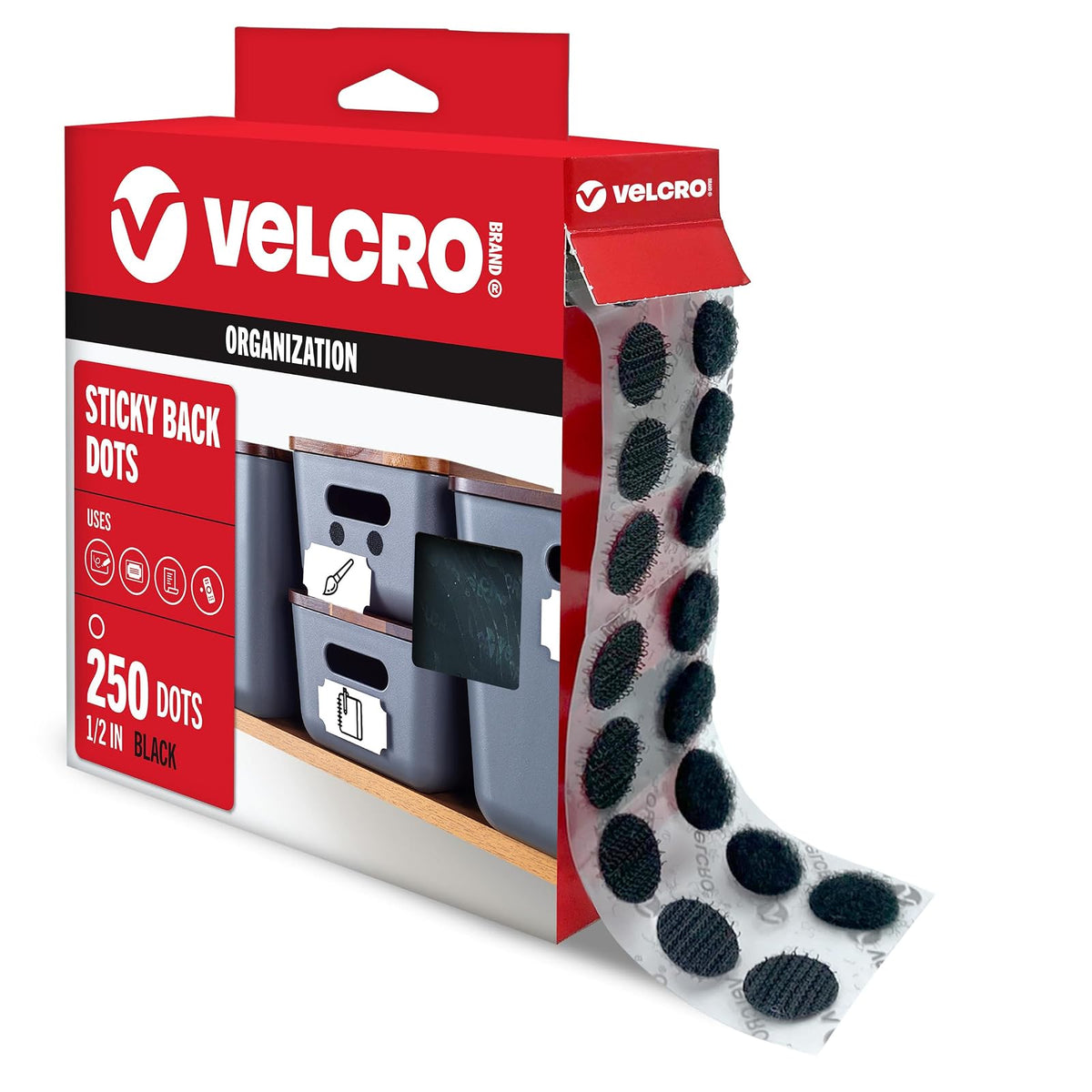VELCRO Brand Dots with Adhesive | 250pk, Black | Small 1/2 Inch Circles | Sticky Back Round Dots for Secure Mounting in Office, School or Home (VEL-30868-AMS)