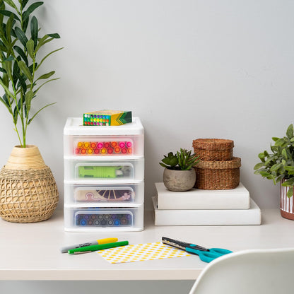 IRIS USA Pequeño Organizador de Escritorio de 4 Cajones, Paquete de 2, Apilable, para Oficina, Escuela, Papelería, Maquillaje, Baño, Suministros Médicos, Almacenamiento Versátil, Blanco