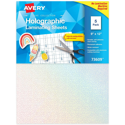 Avery Luxe Collection Hojas laminadoras holográficas, diseño de puntos moteados, 9 x 12 pulgadas, autoadhesivas, 5 hojas laminadas holográficas en total, ideales para calcomanías de bricolaje