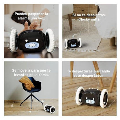 CLOCKY Reloj Despertador con Ruedas Digital Potente Ruidoso para Dormilones | Alarma Sonido Muy Fuerte Sordos Sueño Pesado Adultos Niños Inteligente Fugitivo Se Mueve Regalo Divertido, Negro