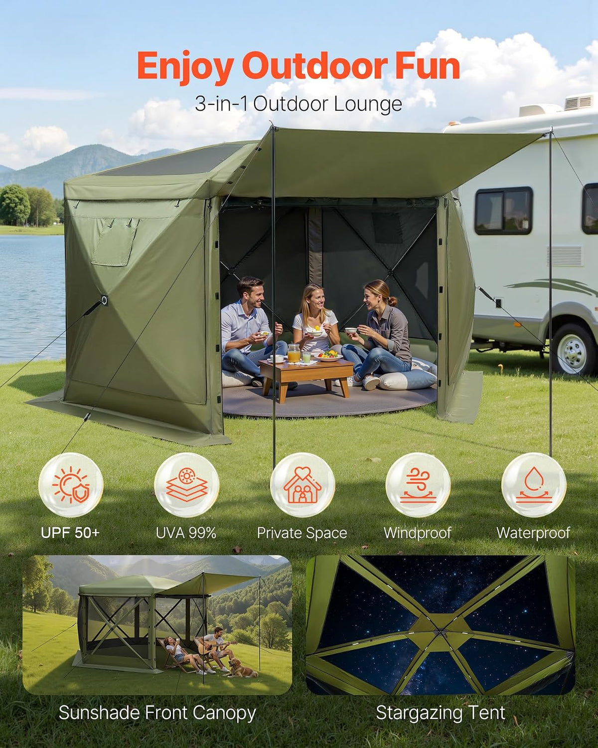 VEVOR Carpa Plegable de 6 Lados 3,6 x 3,6 m, Pérgola de Jardín con Techo Desmontable y Bolsa de Transporte, Carpa de Exterior para 8 a 10 Personas, para Fiesta, Camping, Playa, Patio, Jardín, Verde