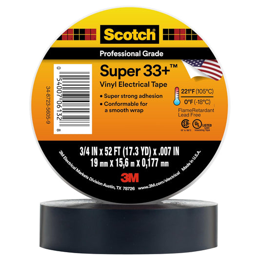 3M Scotch Super 33+ Cinta eléctrica – 3/4 pulgadas x 50 pies, vinilo de grado premium para todo tipo de clima, resistente a la abrasión, la humedad, la corrosión, los alcalinos, negro, 1 rollo