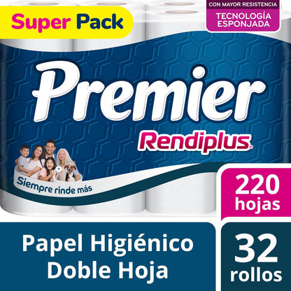 Premier Rendiplus Papel Higiénico 32 Rollos 220 Hojas Dobles con Tecnología Esponjada