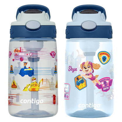 Contigo Paw Patrol - Botellas de agua de plástico para niños de 14 onzas, diseño Aubrey con tapa a prueba de derrames, popote de silicona, paquete de 2 convenientes para viajes/hogares/escuelas, apto