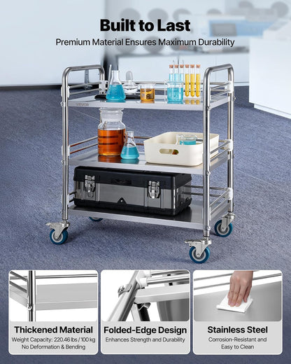 VEVOR Carro de Laboratorio de Acero Inoxidable 3 Niveles con Ruedas Bloqueables, Bandeja de Almacenamiento Móvil Resistente para Hospitales, Restaurantes, Cocinas, Salones, 615 x 410 x 870 mm