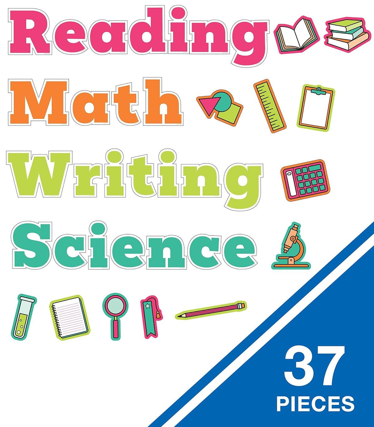 Carson Dellosa - Juego de 37 Piezas para tableros de anuncios, Lectura, Escritura, Ciencias y matemáticas y Recortes de cartulina Coloridos para decoración de Aula
