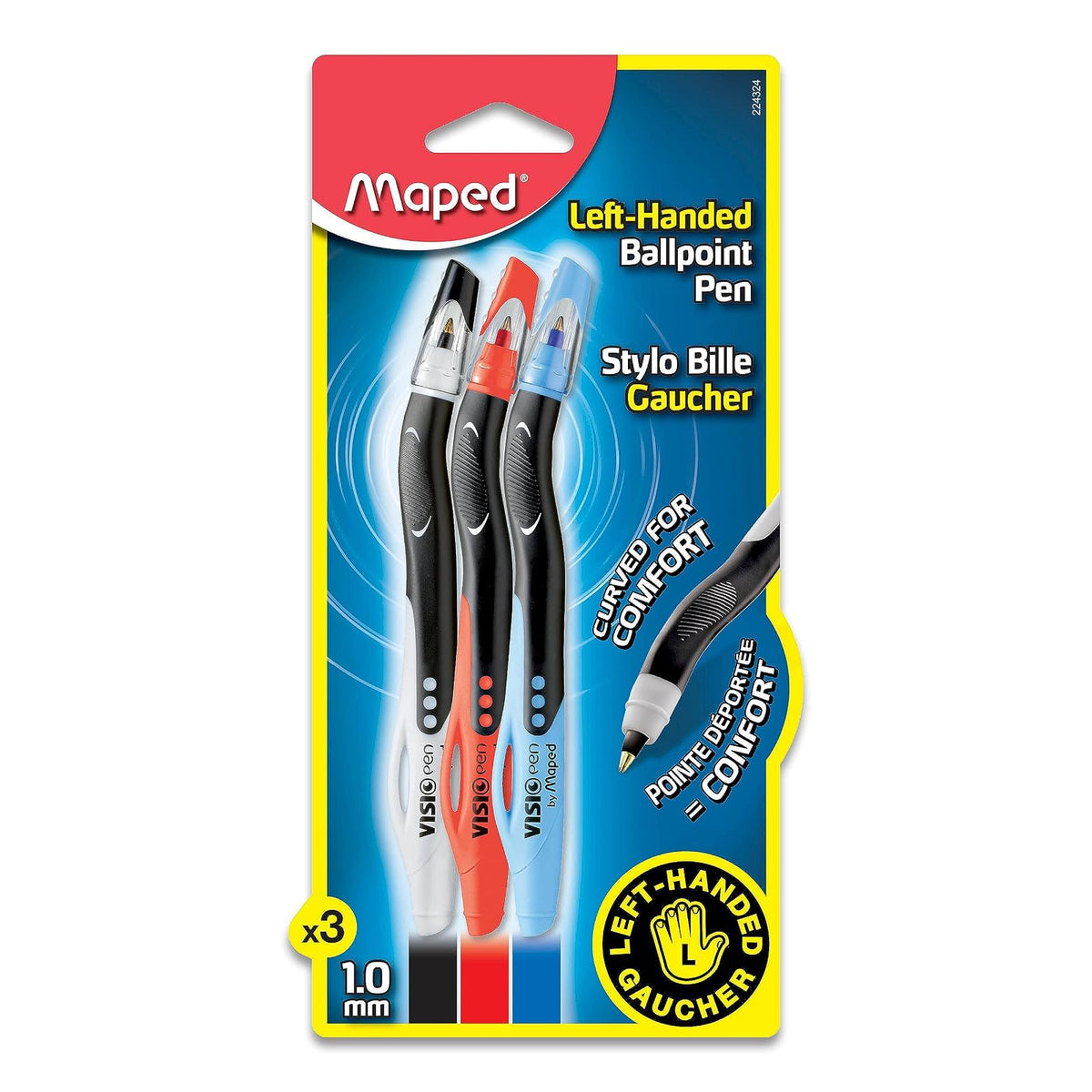 Maped Visio (224324) - Bolígrafo para zurdos, varios colores, el color puede variar, paquete de 3, Desechable, Black, Blue and Red, Paquete de 3
