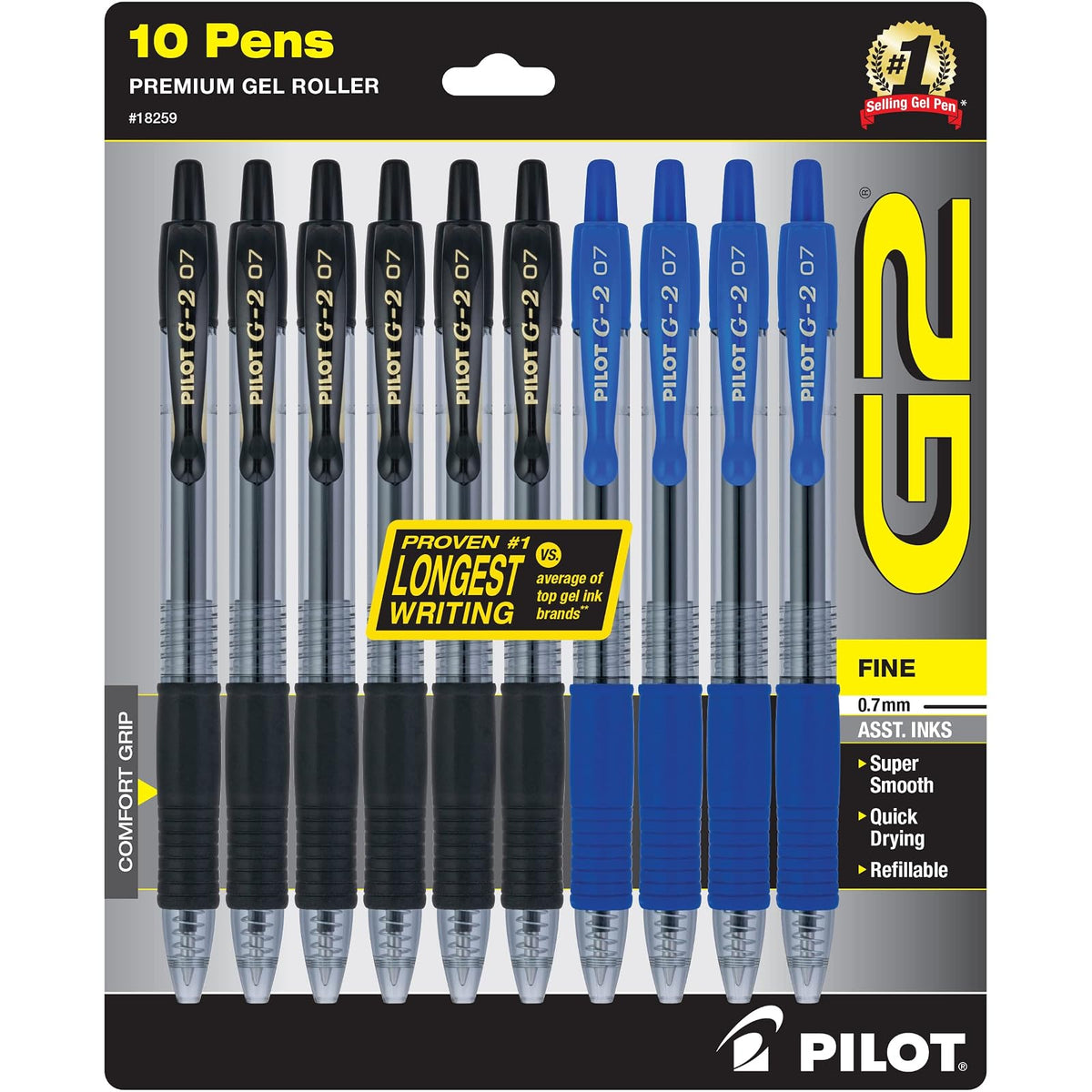 PILOT G2 Premium - Bolígrafos de gel recargables y retráctiles, punta fina de 0,7 mm, 6 bolígrafos negros y 4 azules, paquete de 10
