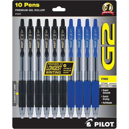 PILOT G2 Premium - Bolígrafos de gel recargables y retráctiles, punta fina de 0,7 mm, 6 bolígrafos negros y 4 azules, paquete de 10