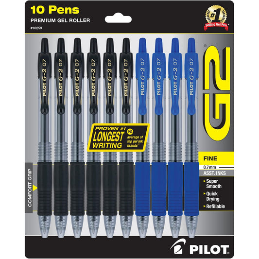 PILOT G2 Premium - Bolígrafos de gel recargables y retráctiles, punta fina de 0,7 mm, 6 bolígrafos negros y 4 azules, paquete de 10