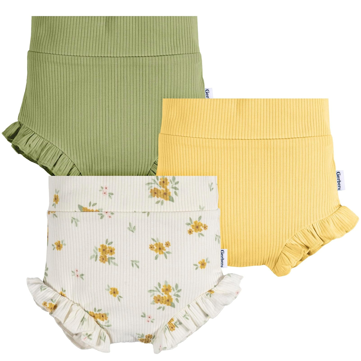 Gerber Paquete de 3 Pantalones Cortos de Burbujas Pantalones Cortos para Bebé-Niñas - Floral - Amarillo - Verde - 0-3 Meses