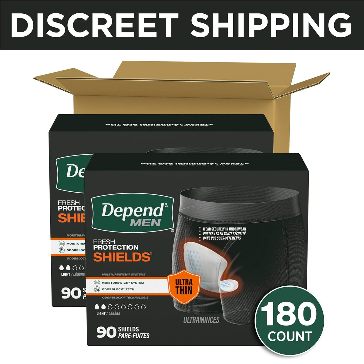 Depend Shields - almohadillas para orejas de incontinencia para hombres, absorción de luz, 180 unidades (el embalaje puede variar)