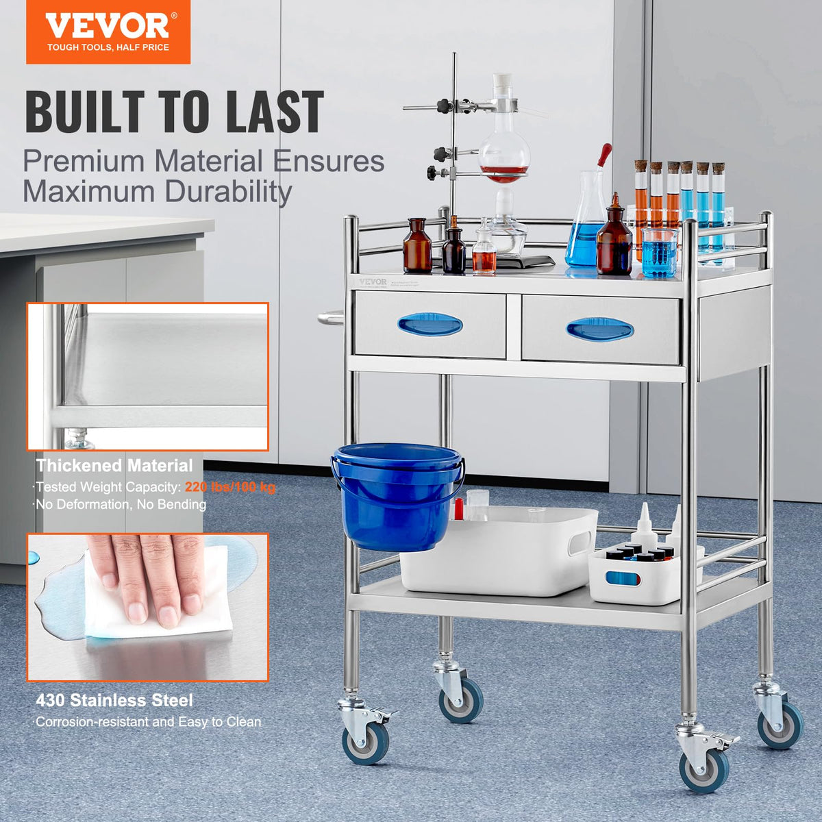 VEVOR Carro de Laboratorio de Acero Inoxidable, Carro Médico 2 Capas 2 Cajones, Carga 100 kg con Ruedas Bloqueables y Cubo, para Laboratorio Salón Hospital, Uso Dental, Plata, 594 x 388 x 855 mm