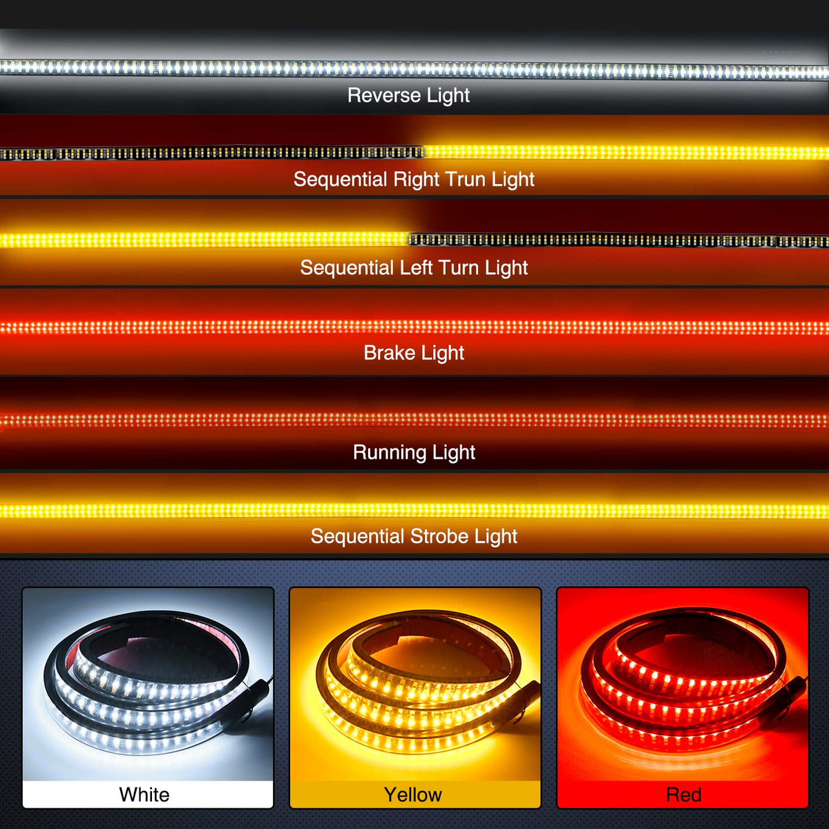 Nilight Truck Tailgate Light Strip 48" Triple Row 360 LED with Red Running Brake White Reverse Amber Turning Signals Strobe Lights
