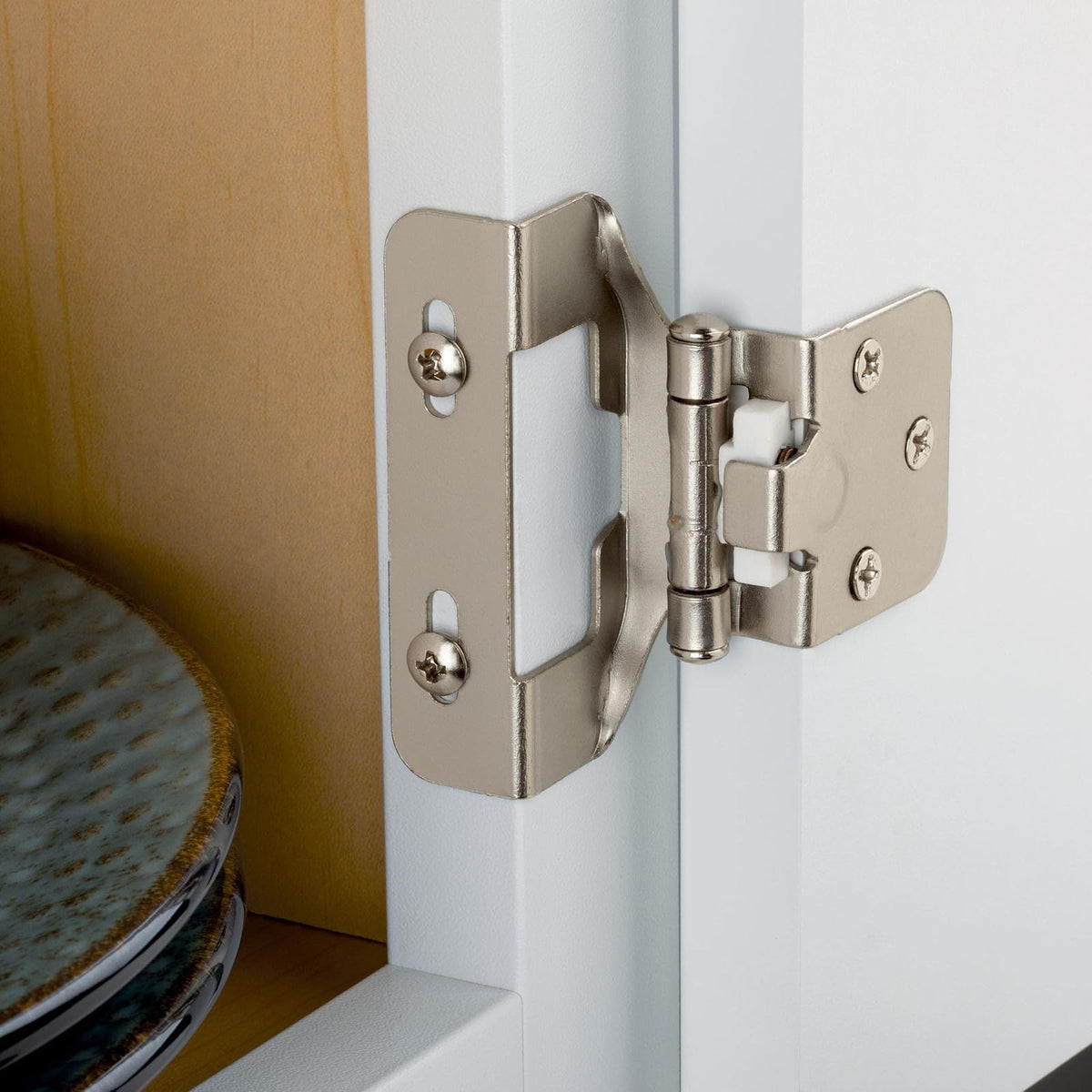 Franklin Brass (Paquete de 10) bisagras de gabinete de cierre automático de 1/2 pies, superposición semienvolvente para puertas de gabinetes, cocinas, armarios, armarios, muebles, níquel satinado