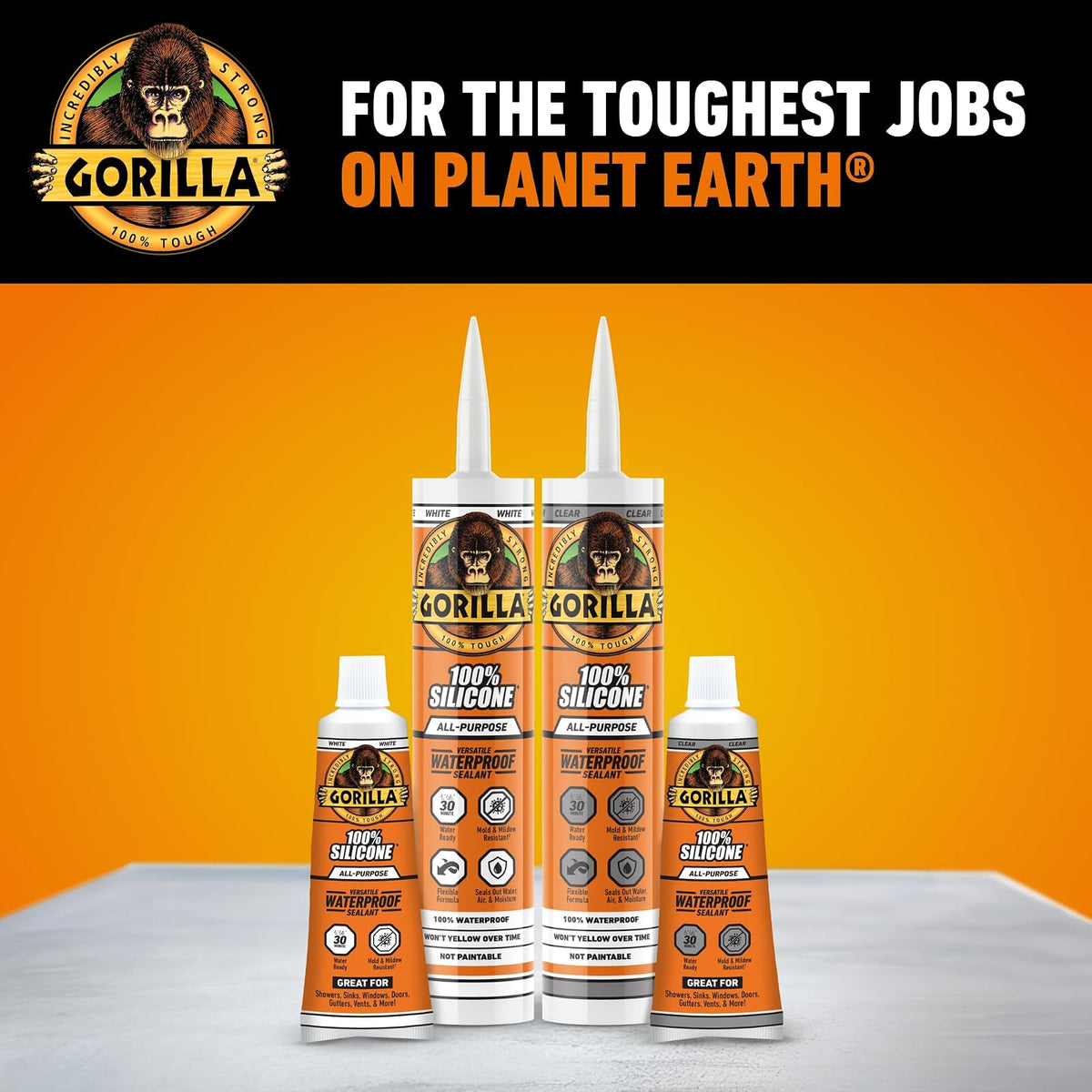 Gorilla 8050002 Clear 100Percentsilicone Sealant, 10 Oz., Clear | Resistente al moho y al moho, sellador flexible multiusos, secado rápido en 30 minutos, uso en interiores y exteriores