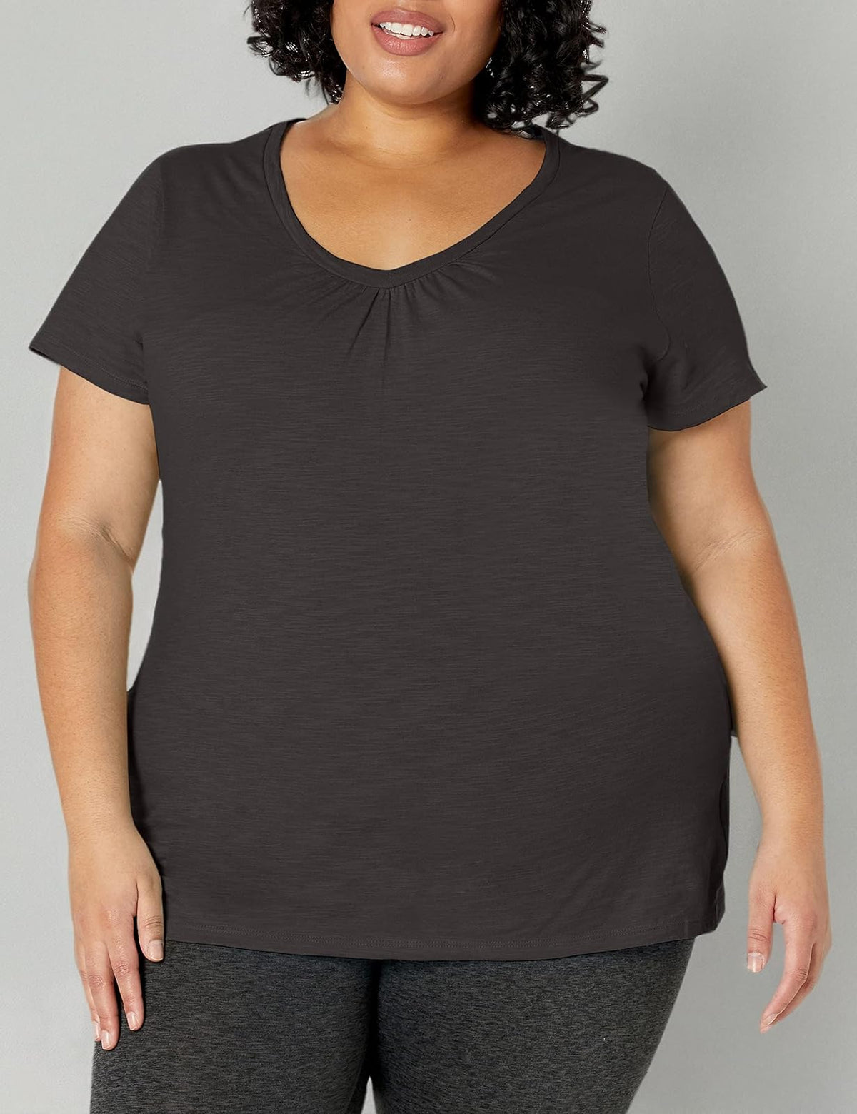 Just My Size Women's Short Sleeve Shirred V-Neck Tee
