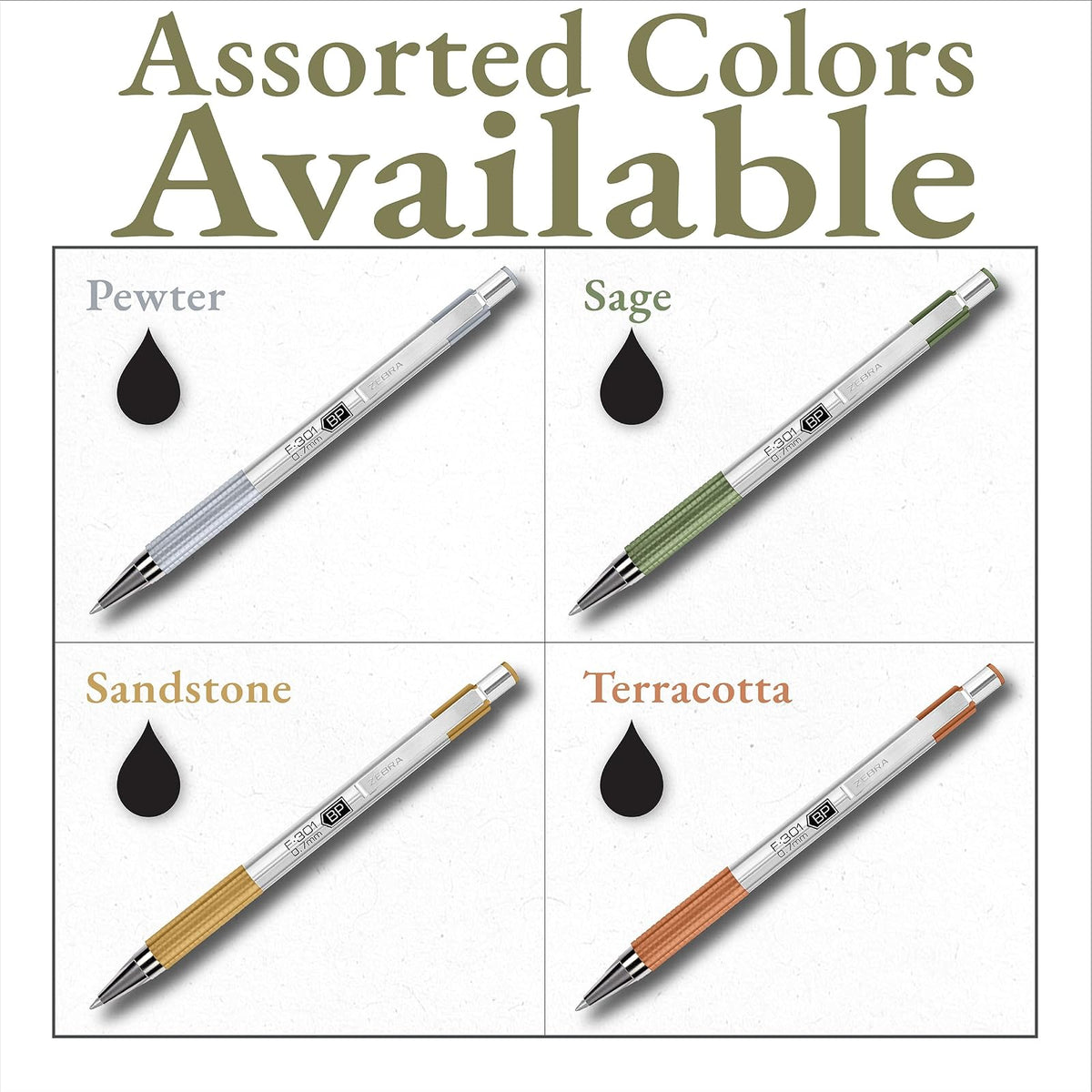 Zebra Pen F-301 Signature Series - Bolígrafo retráctil de 0,7 mm, tinta negra, barril de acero inoxidable duradero con detalles de tonos terrosos, detalles de barril surtidos, paquete de 4 (27304)